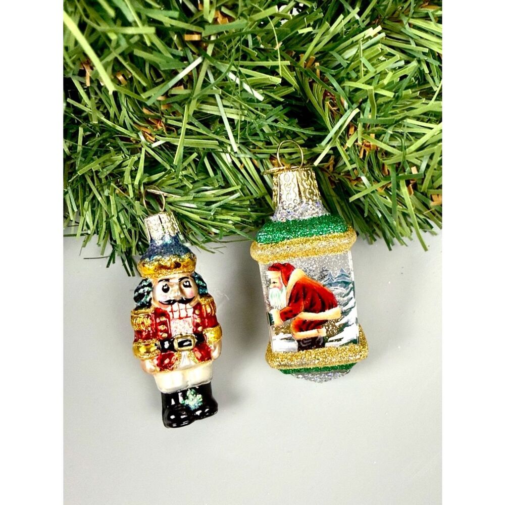 Two Mini Old World Christmas Glass Ornaments Santa Lantern and Nutcracker 2,5"